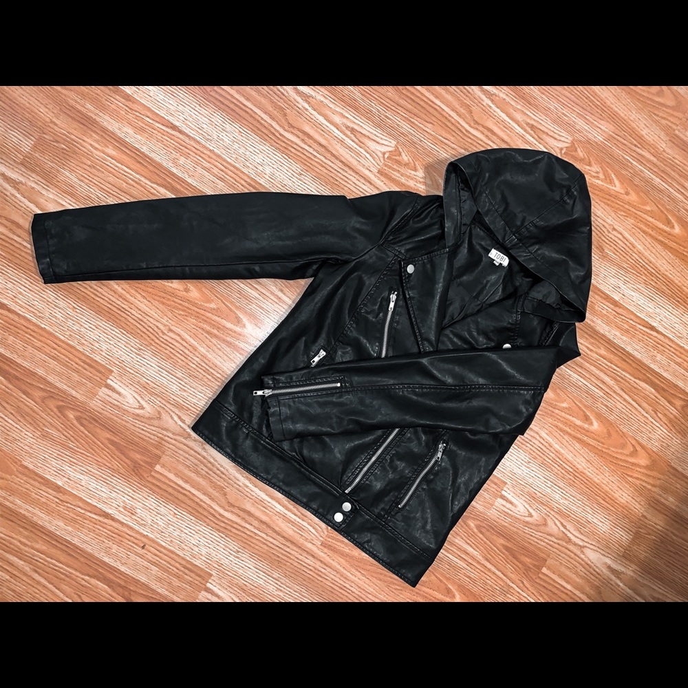 Tobi • faux leather, hooded moto jacket